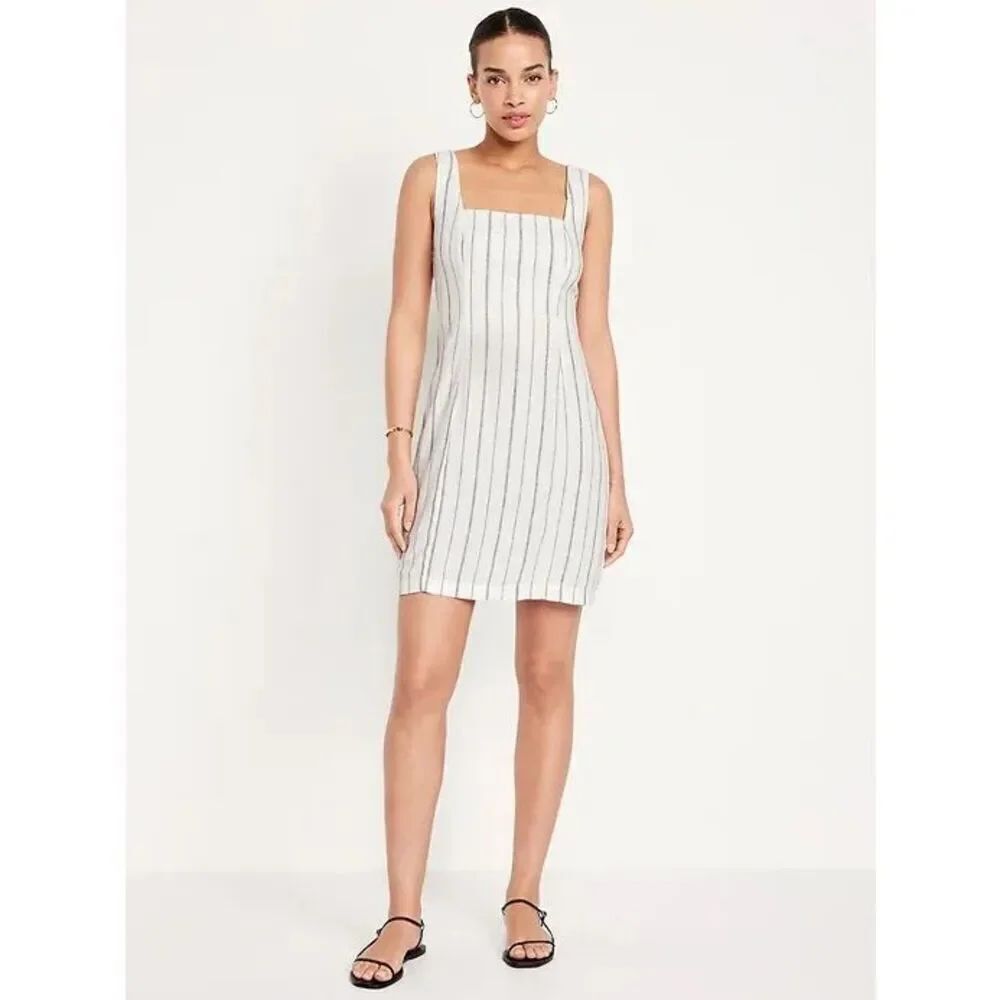 Old Navy Linen Blend Striped Smocked Back Dress Women’s M Cream Midi NWT